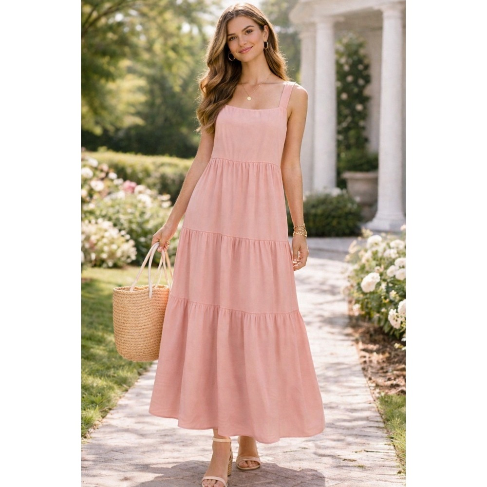 The Drop Pink Tiered Maxi Dress Square Neck Sleeveless Cottagecore L